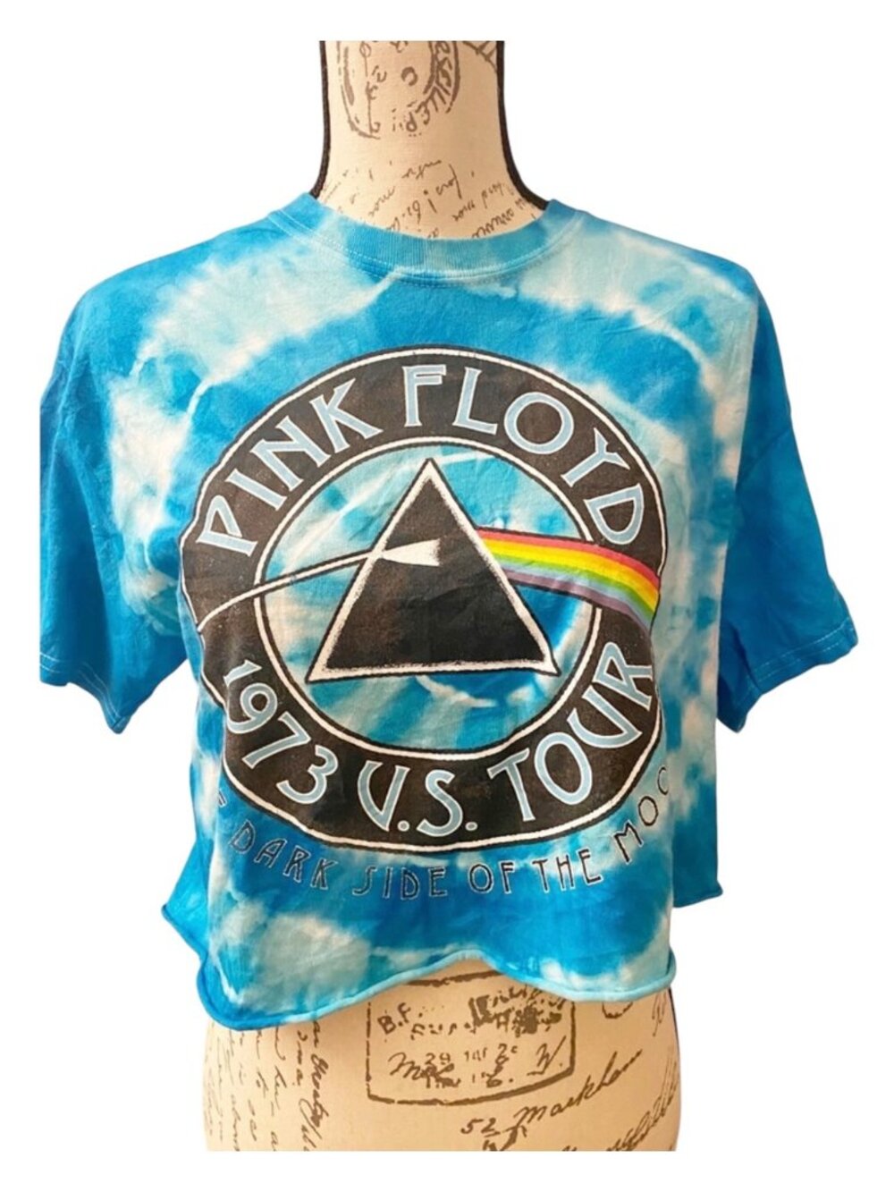 Pink Floyd Dark Side Of The Moon Crop Top Shirt Medium Tie Dye Raw Hem 1973 Tour